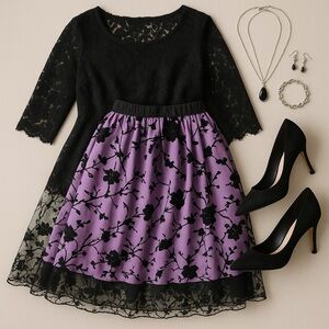 Lavender Black Flocked Floral Midi Skirt Size 4XL | Gothic Romance Mesh Overlay